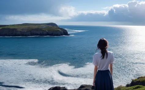 arafed woman standing on a cliff overlooking the ocean