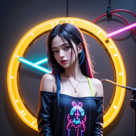 (masterpiece), best quality, ultra high res,cyberpunk, 1girl, stunning cityscape, hoodie,blue hair,   very long hair, off shoulder, feather intricate hair ornament, (gradient neon colors:1.5), flashes, cinematic lighting, photorealistic, realistic skin, HDR,  fisheye