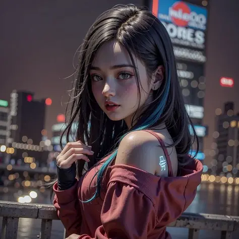 (masterpiece), best quality, ultra high res,, 1girl,hoodie,blue hair, very long hair, off shoulder, feather hair ornament, neon colors flashes, cyberpunk, stunning cityscape,stunning night sky, perfect lighting, photorealistic, realistic skin