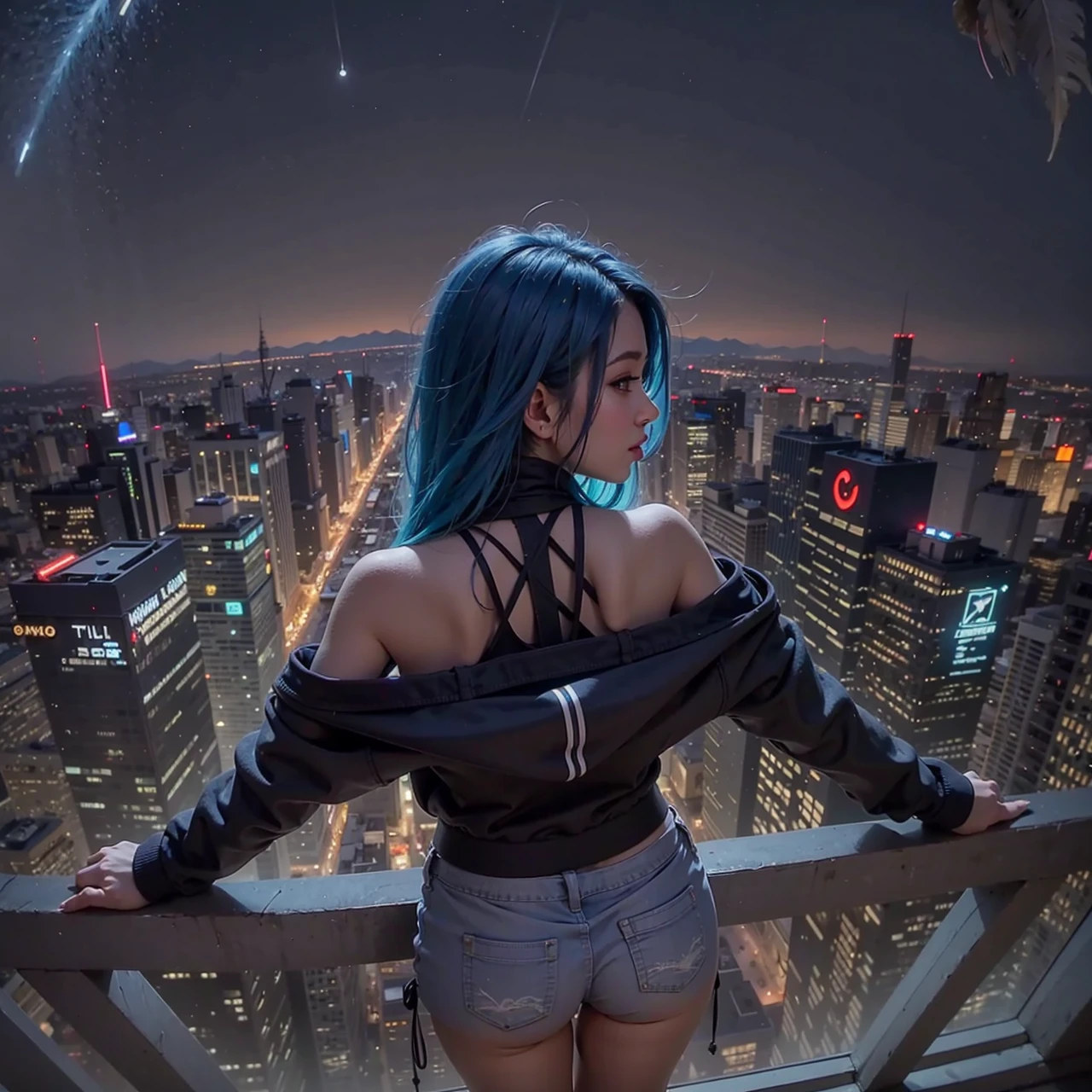 (masterpiece), best quality, ultra high res,, cyberpunk 1girl flying above stunning cityscape ,hoodie,blue hair, very long hair, off shoulder, feather hair ornament, neon colors, flashes, , stunning night sky, cinematic lighting, photorealistic, realistic skin, HDR,fisheye