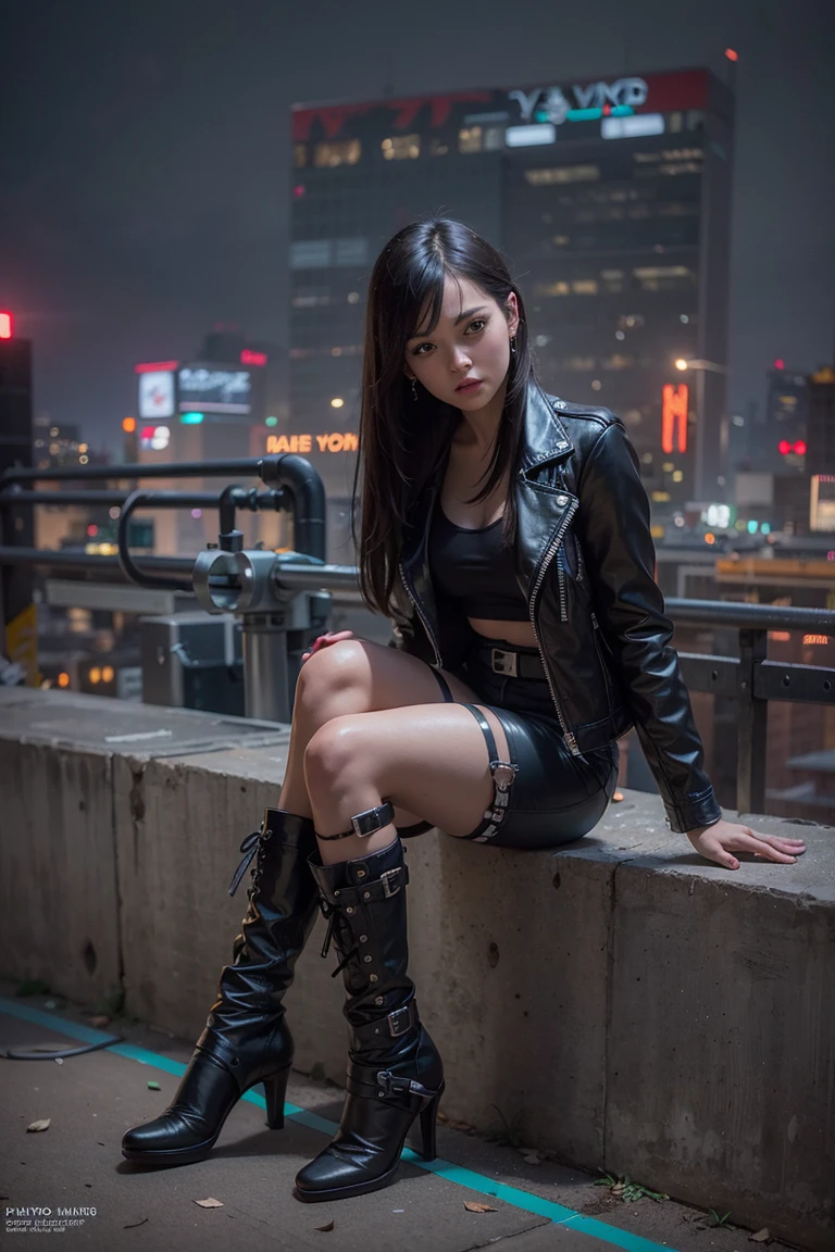 (masterpiece), best quality, ultra high res, cyberpunk style, 1girl,(black leather jacket and biker boots),long hair, night city, sitting on a rooftop,(neon lights), photon mapping, radiosity, physically-based rendering, cinematic lighting, intricate, High Detail, Sharp focus, dramatic, photorealistic