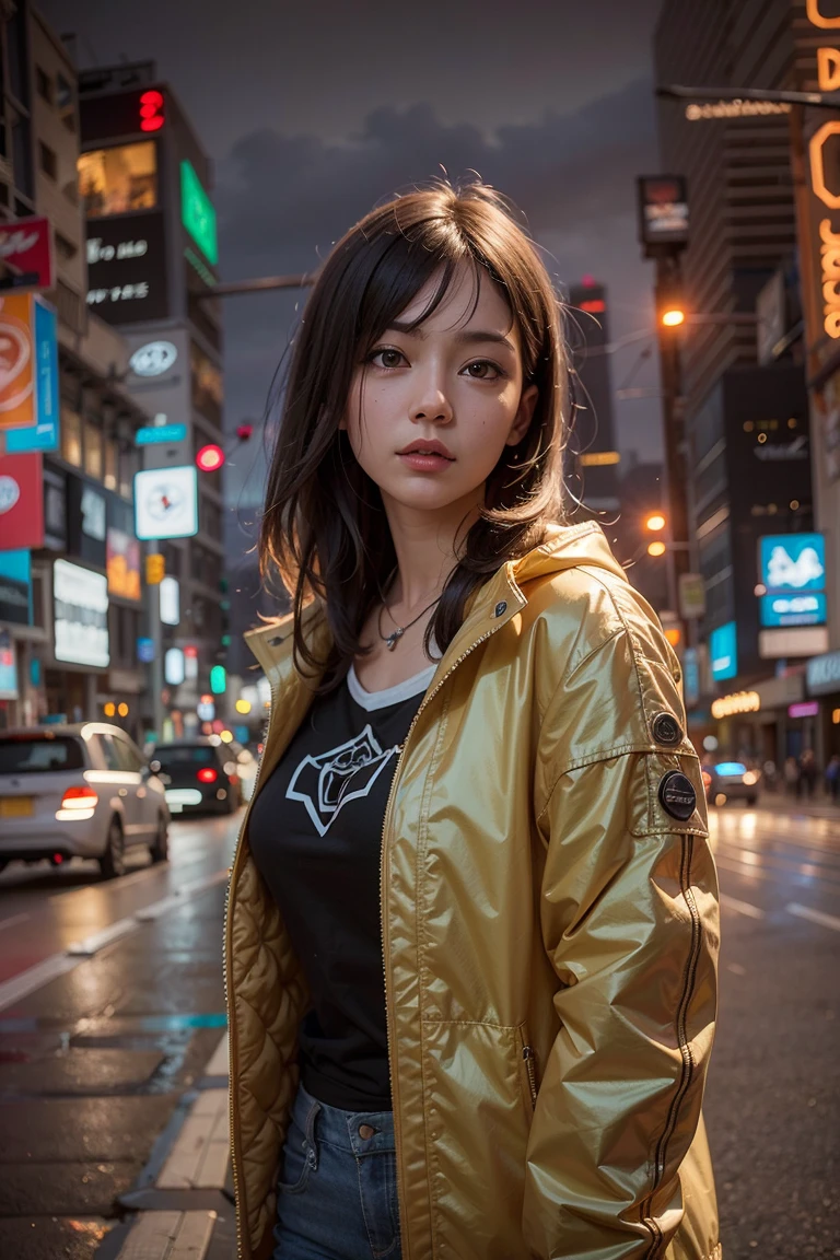 (masterpiece), best quality, ultra high res, close up portrait, walking pose, cyberpunk style, 1girl,(oversized yellow jacket),long hair, night city,(neon lights), photon mapping, radiosity, physically-based rendering, cinematic lighting, intricate, High Detail, Sharp focus, dramatic, photorealistic