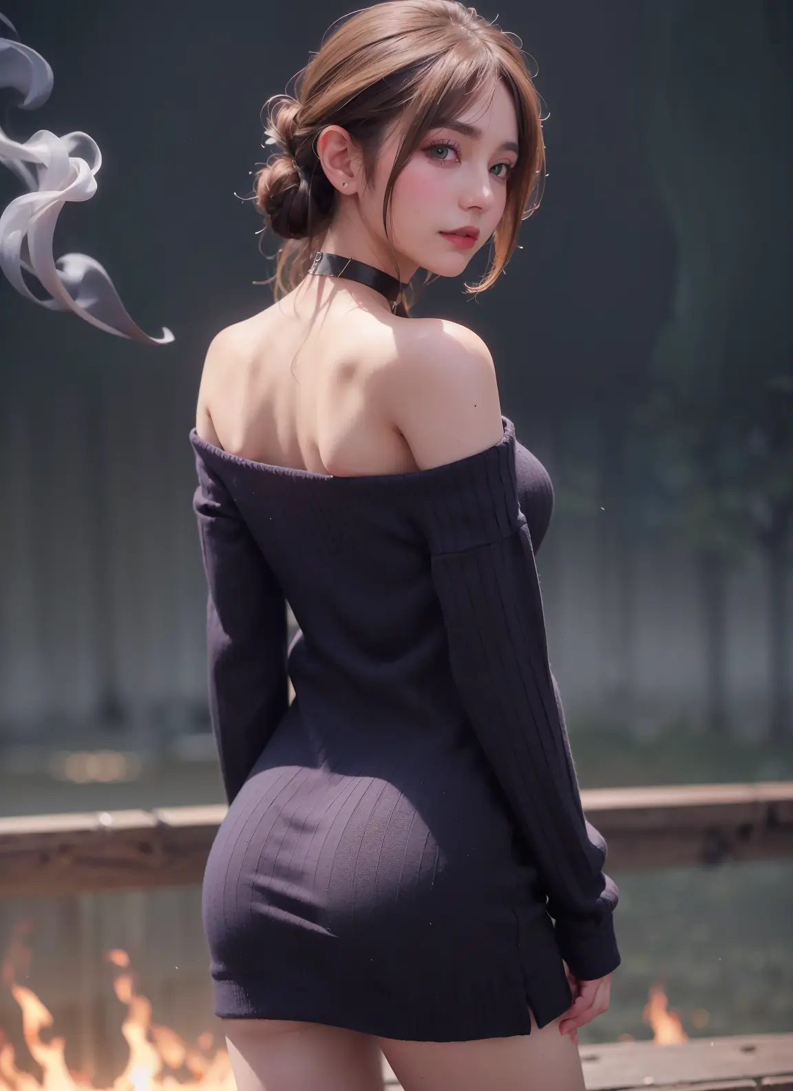 ((japanese, green eyes, dark purple hair:1.2, hair between eyes, bare ass, bottomless)), Ray Tracing, realistic, photorealistic, detailed, realistic details, depth of field, (realistic, photo-realistic:1.37), (8k, RAW photo, best quality, masterpiece:1.2), (1 girl:1.3, looking back, from behind:1.3), (black choker, long sweater, long sleeves, off shoulder), (cowboy shot), ultra-detailed, physically-based rendering, ultra high res, looking at viewer, (big fire:1.3, smoke, skinny, slender body), professional lighting, dramatic lighting
