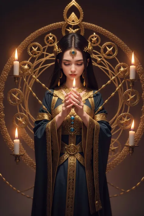 (masterpiece), (best quality:1.4), absurdres, [:intricate details:0.2], 1girl, Flowing robes, intricate magical circles, glowing runes, shimmering aura, intense focus, arcane incantations, crackling energy, levitating artifacts, ethereal staff, flickering candles, swirling mist, sparkling motes, mystical crystals, glowing sigils, intricate hand movements, otherworldly chanting, mysterious symbols, powerful invocation, transcendent awareness,