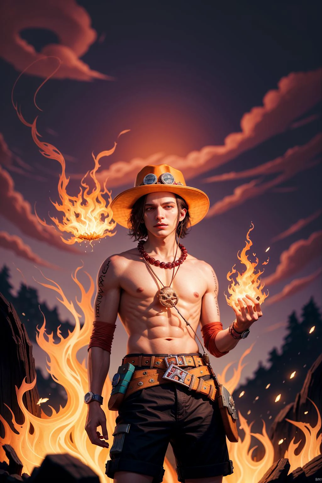 (masterpiece), (best quality:1.4), absurdres, [:intricate details:0.2], hyperrealistic, photography, kkw-ph1, 1 man, young, 18-year-old, (elven:0.7) portgas d. ace, freckles, hat, topless male, shorts, belt, jewelry, necklace, brown hair flaps, (style-swirlmagic:1.0), looking down, solo, (full body:0.6), detailed background, detailed face, (V0id3nergy, void theme:1.1)  sinister smirk, red color scheme, dark purple light, library, glowing magical runes, dark atmosphere, shadows, realistic lighting, floating particles, embers, surrounded by fire, summoning, red arcane symbols, power-hungry eyes, 