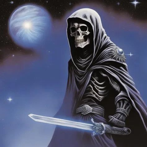 death, planet, hood, weapon, solo, skull, space, holding, 1boy, cloak, earth \(planet\), male focus, sword, star \(sky\), hood u...