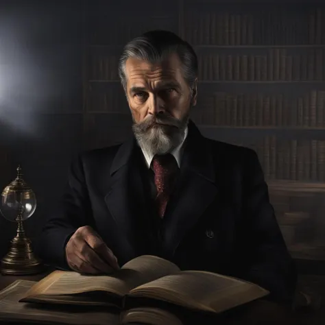 1boy, male focus, solo, lamp, book, beard, photorealistic, facial hair, necktie, old, realistic, reading, old man, formal, <lora...
