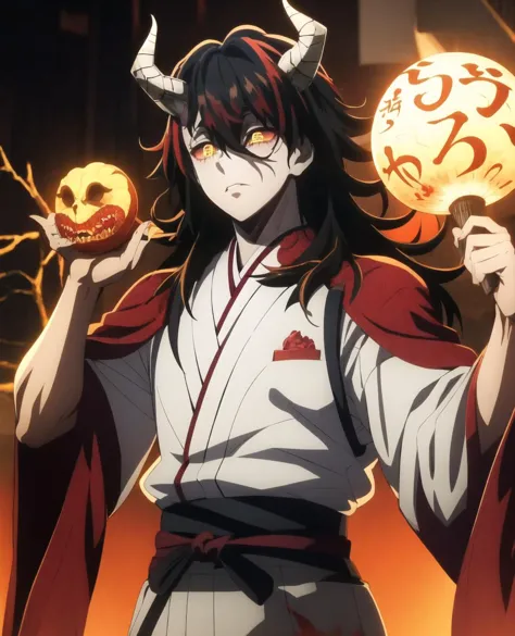 anime character holding a ball with a demon face on it