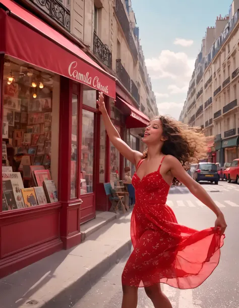 in the heart of a vibrant parisian street, camila, a woman clad in a bright red sundress that danced in the wind, is captured fr...