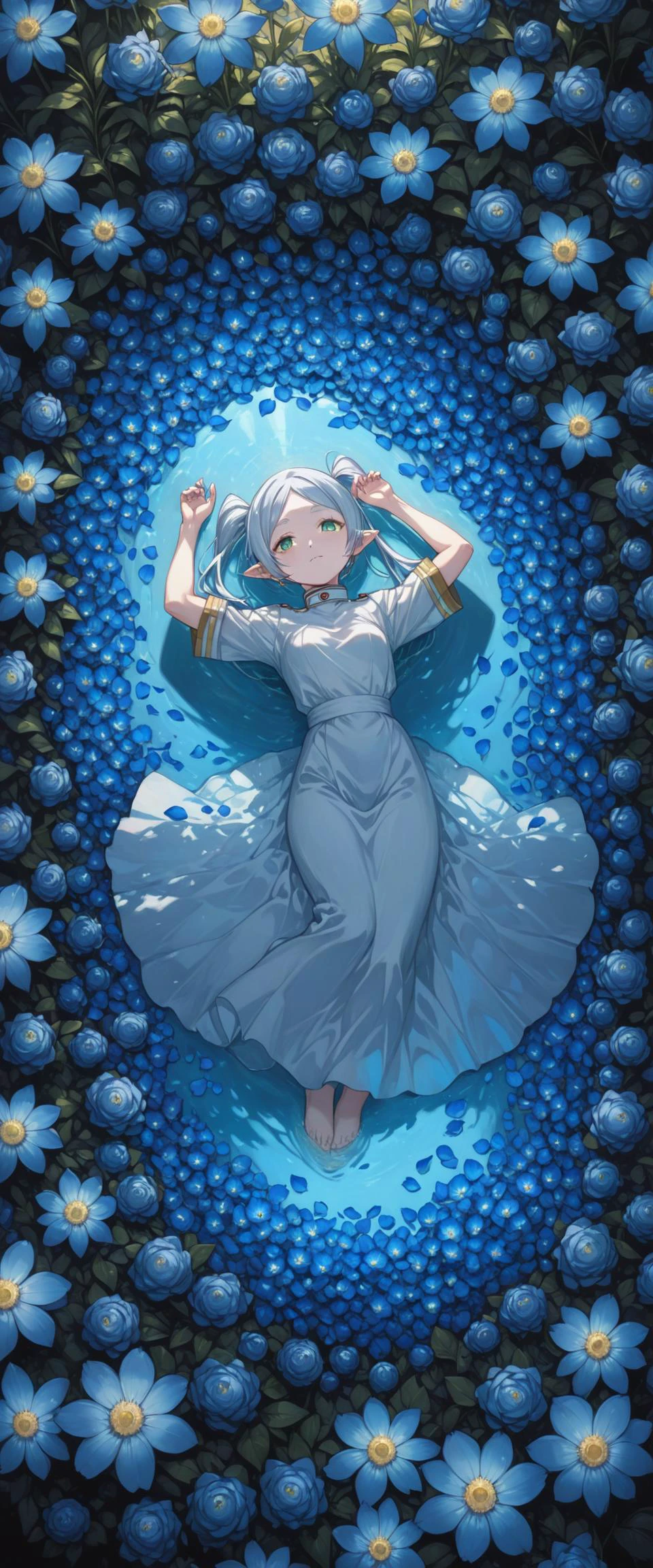 1girl, Frieren, green eyes, silver hair with twintails, intricate detail, cinematic lighting, amazing quality, amazing shading, detailed Illustration, official artwork, wallpaper, official art, extremely detailed eyes and face, beautiful detailed eyes, ((masterpiece, best quality)), from above, full body, dutch angle, arms up, laying down in a flower bed at night, surrounded by thousands of ((glowing blue flowers)), petals on liquid, blue petals, (afterglow), incandescence
