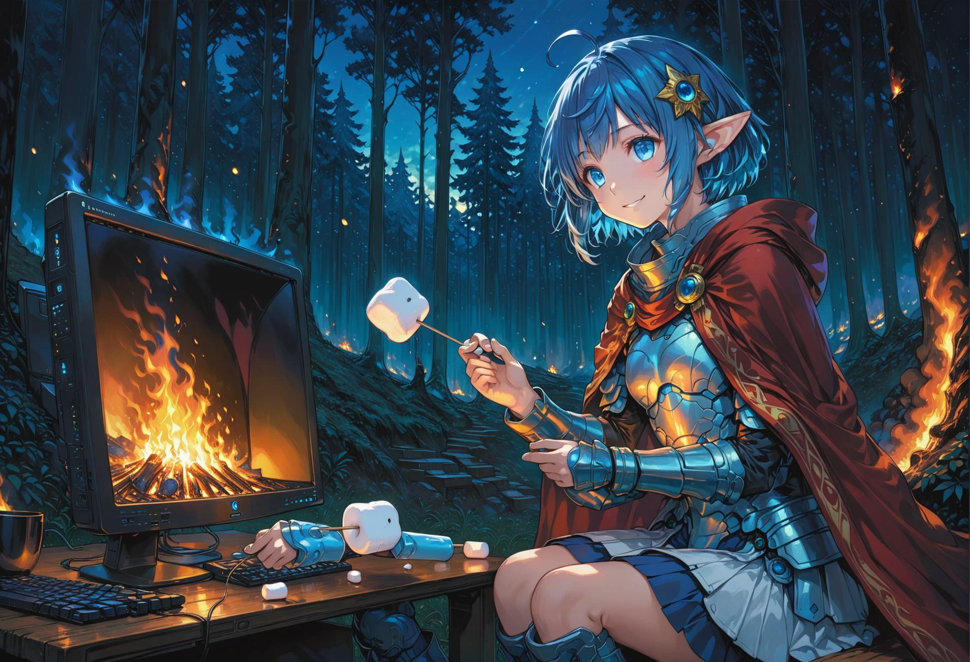 star ocean, 1girl, rena lanford, ahoge, armor, blue_eyes, looking away, blue_hair, boots, cape, full_body, hair_ornament, pleated_skirt, pointy_ears, short_hair, smiling, intricate detail, cinematic lighting, amazing quality, amazing shading, detailed Illustration, official artwork, wallpaper, official art, extremely detailed eyes and face, beautiful detailed eyes, ((masterpiece, best quality)), upper body, from side, sitting on knees, in a forest, (roasting a marshmallow on a stick over a burning desktop computer)