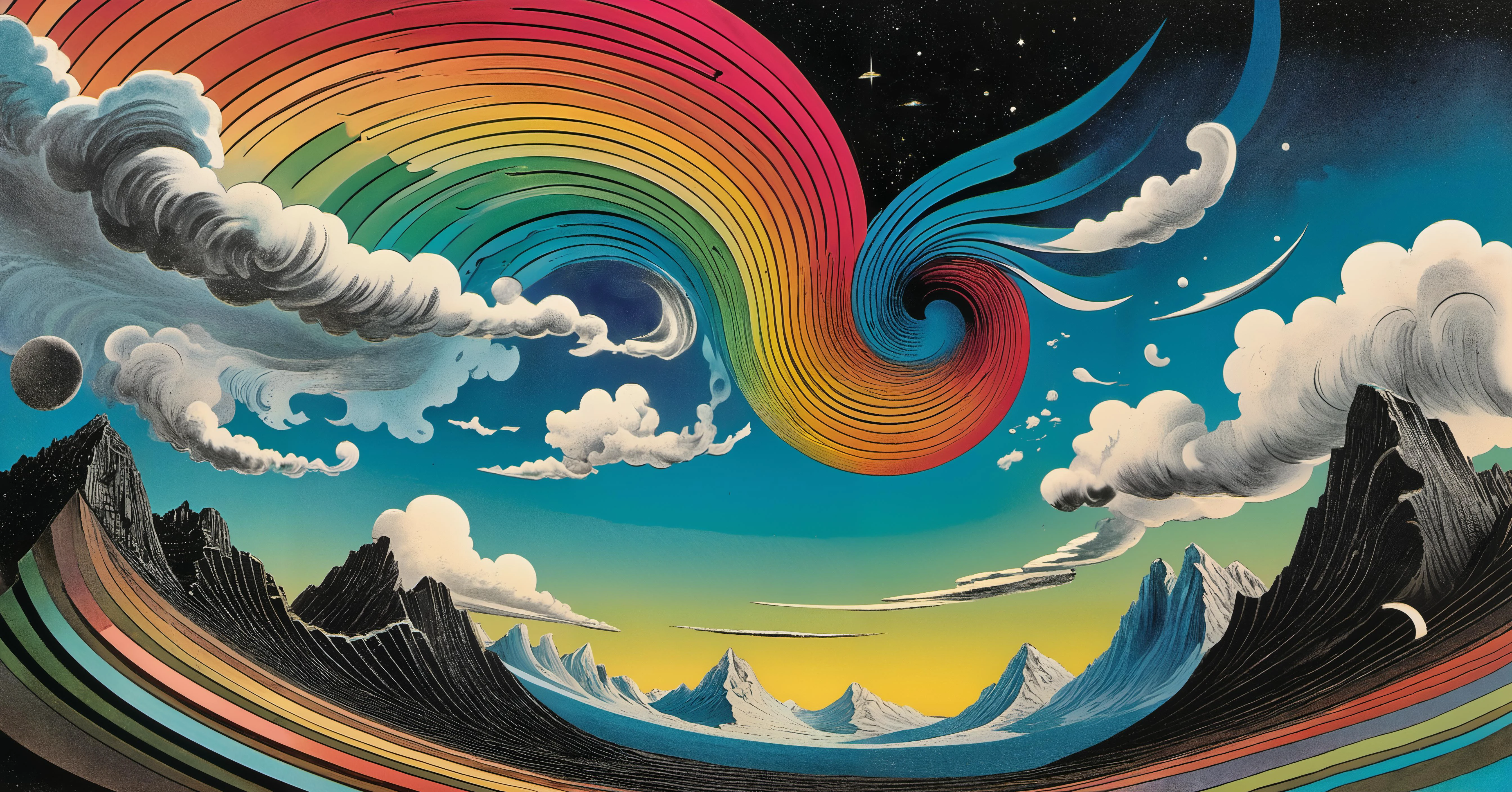 psychedelic, a gradient skyscape of winds, clouds with faces blowing air, in the sky, motion, swirling, (gravitational abstraction through layered parallel dimensions:2.5), symbolism, ancient future, bringer of change, demolisher of worlds, in motion, 