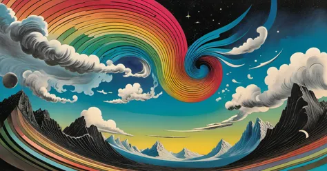 psychedelic, a gradient skyscape of winds, clouds with faces blowing air, in the sky, motion, swirling, (gravitational abstracti...