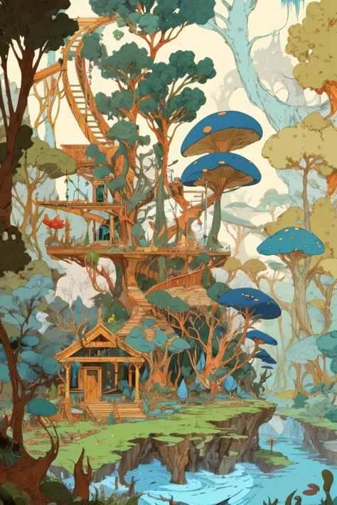 magical forest, treehouse, small stream, mushrooms, by kilian eng