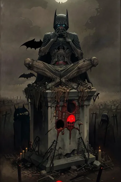 batman and his skull are sitting on a grave with a red light