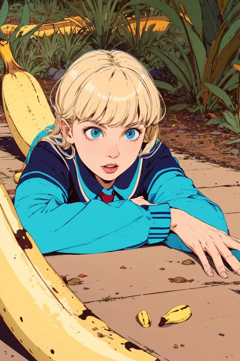 blonde schoolgirl laying on the ground surounded by banana, by kilian eng