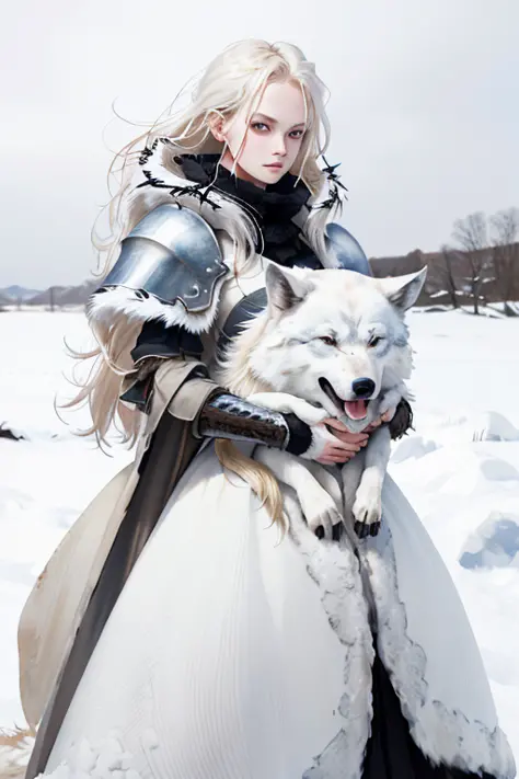 yohji fashion style, realistic photo modelshoot style, wind of winter, heavy armor, heavy snow, young blond woman with wolf, (ra...