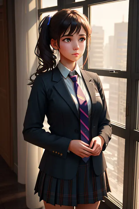 a girl, wearing a tie, cupcake in her hands, school, indoors, (soothing tones:1.25), (hdr:1.25), (artstation:1.2), dramatic, (intricate details:1.14), (hyperrealistic 3d render:1.16), (filmic:0.55), (rutkowski:1.1), (faded:1.3)