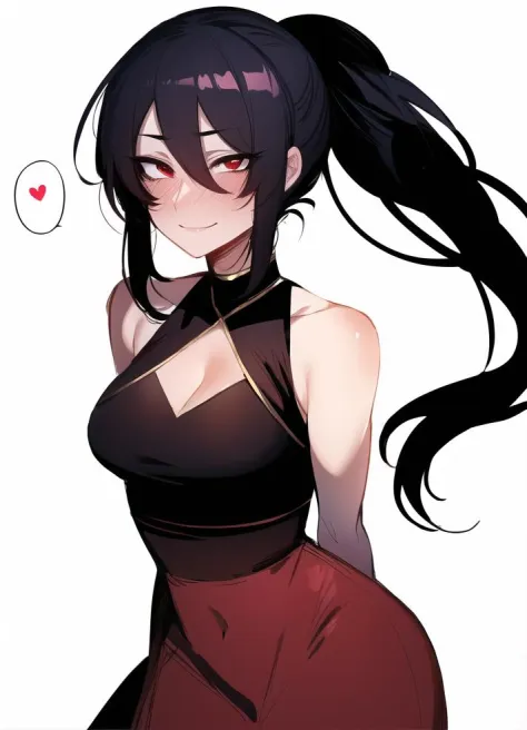 girl, black hair, high ponytail, long hair, gradient eyes, red eyes, dress, perfect skin, perfect lighting, simple white backgro...