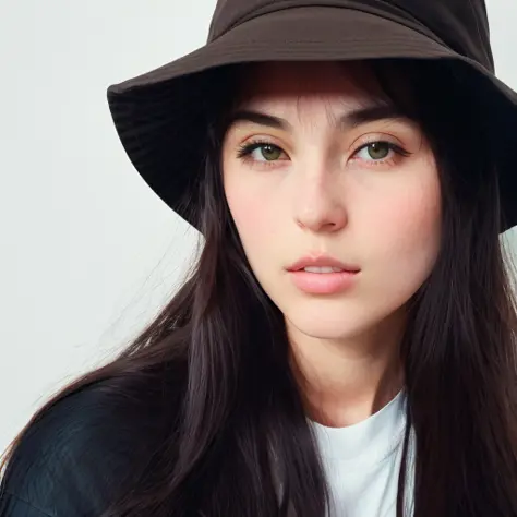 a woman, best quality, long dark brown hair, black streetwear bucket hat, nikon d850 film stock photograph 4 kodak 400 camera f1.6 lens rich colors hyper realistic lifelike texture natural lighting trending on artstation cinestill 800, (100mm lens), mature face <lora:heyimbee_v3:1>