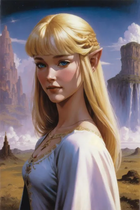 princess zelda, blonde hair, dress, fantasy art, portrait, cloud in background, (oil painting:1.2), illustration, by (Clyde cald...