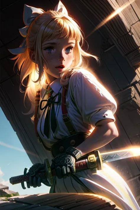 Awesome bright Neonpunk artwork masterpiece, best quality, high quality, closeup Portrait, 1girl, freckles, blonde Hair, freckles, light Classic Long ruffled dress, White Sneaker, detailed background, Holding huge swords, final Fantasy sword, vivid, key visual, vibrant, highly detailed