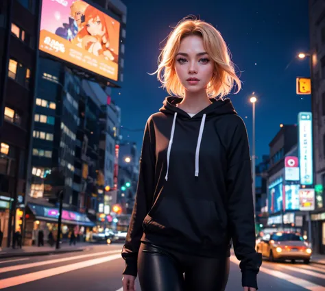an award winning photo of an 20 years old anime girl, dressed in a thight black leggings and a black hoodie with pink neon detai...