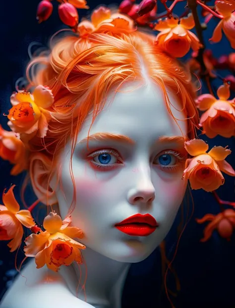 a woman with red hair and blue eyes is surrounded by flowers