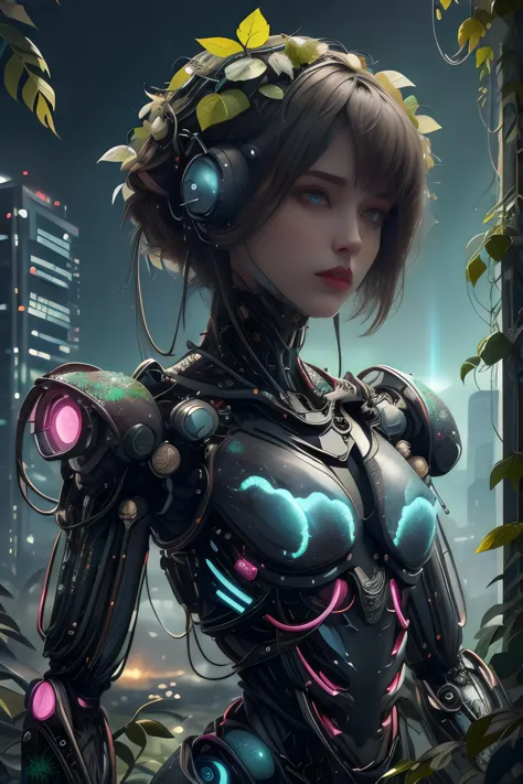 a woman in a futuristic suit with headphones standing in front of a city