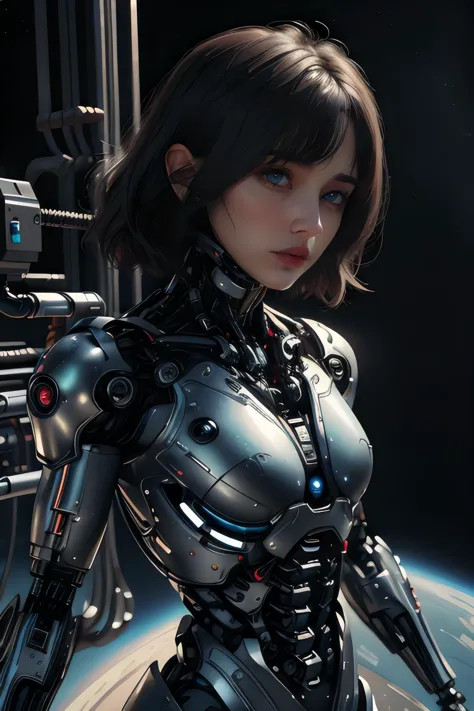 a woman in a futuristic suit standing in front of a space station