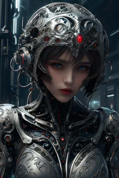 a close up of a woman in a futuristic suit with a helmet on