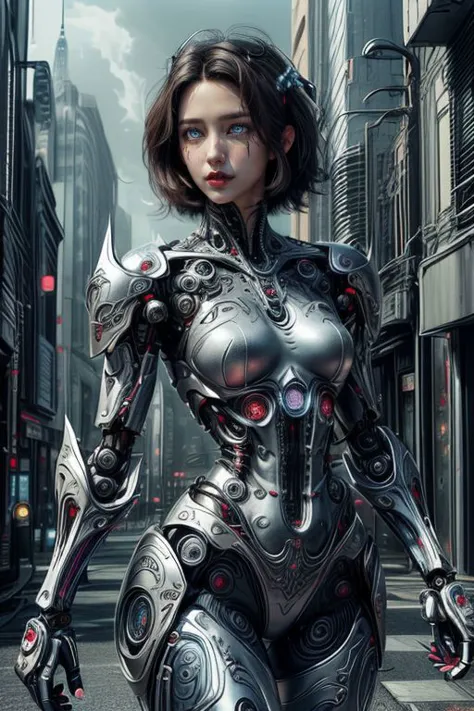 a woman in a futuristic suit walking down a street