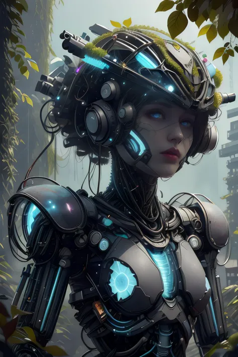 a close up of a robot with headphones on in a forest