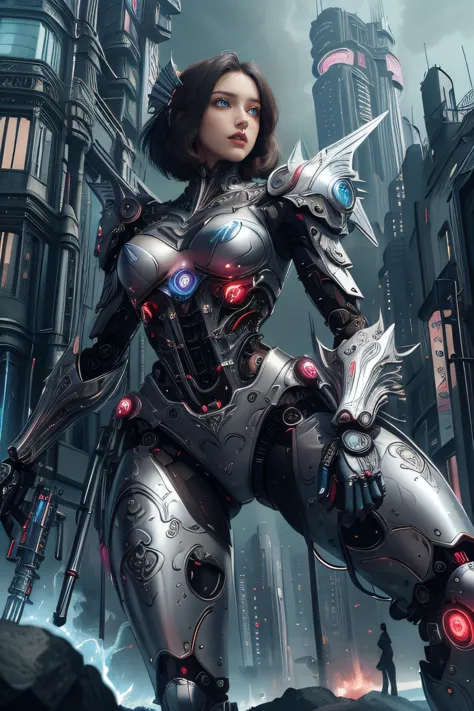 a woman in a futuristic suit standing in front of a city