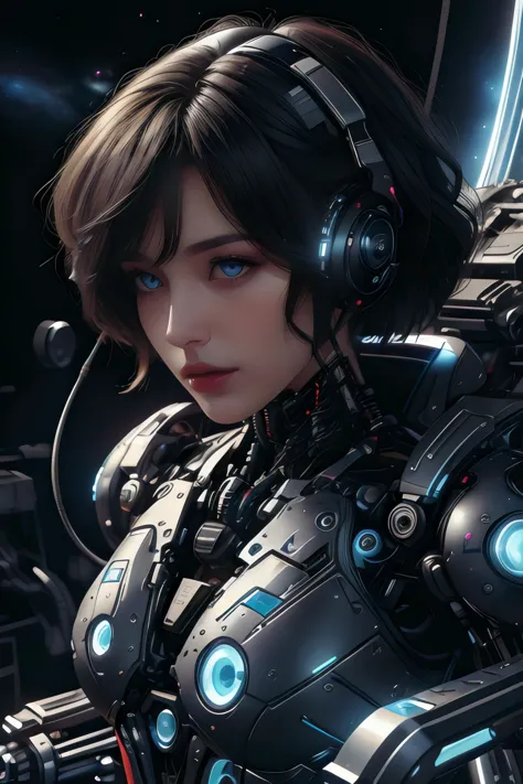 a woman in a futuristic suit with headphones and a gun