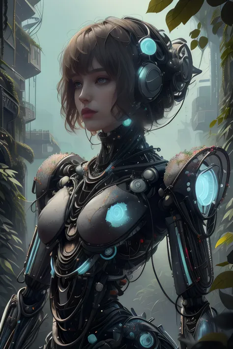 a woman in a futuristic suit with headphones on standing in a city