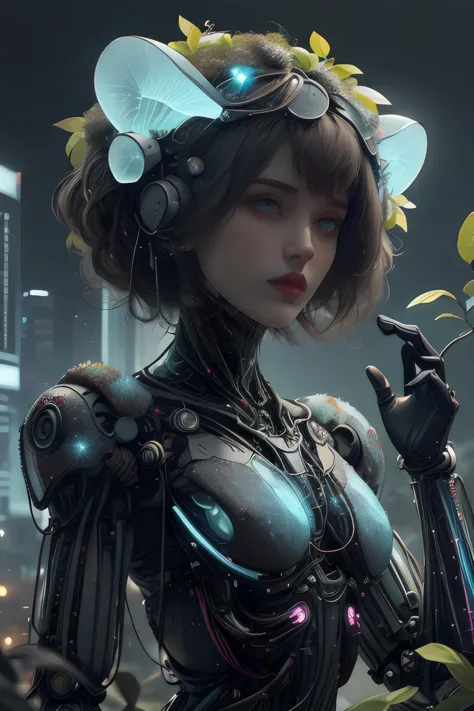 a woman in a futuristic suit holding a flower in her hand