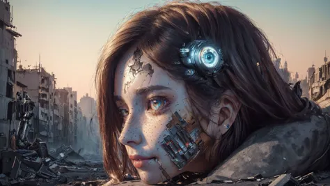 a woman with a futuristic face and headpiece in a destroyed city