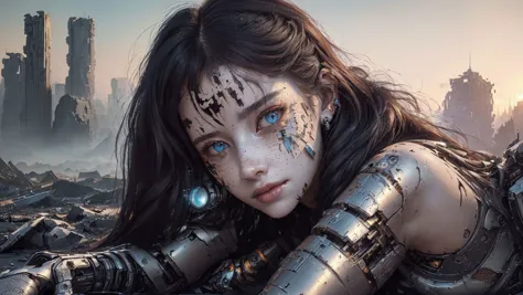 woman, (masterpiece, beautiful and aesthetic:1.3), (at a distance), extreme detailed, (((8k))),colorful,highest detailed ((ultra detailed)), damaged female  cyborg (at a distance) with dichromatic eyes, ultra detailed face with freckles, chipped paint in face, nose pircing, amputated legs, destroyed, (shy smirk), highly detailed face, ultra detailed, broken parts of body, with scratches and holes ,face is android,laying on the ground, (high resolution:1.4), destroyed city ((far away, background)), surrounded by cyborg parts, (ultrarealistic:1.2), photo, ((from distance)), (masterpiece), (best quality), shot at eye level, medium shot, 30mm focal length, Canon EOS 5D Mark IV,ultra realistic,