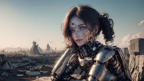 woman, (masterpiece, beautiful and aesthetic:1.3), (at a distance), extreme detailed, (((8k))),colorful,highest detailed ((ultra detailed)), damaged female  cyborg (at a distance) with dichromatic eyes, ultra detailed face with freckles, chipped paint in face, nose pircing, amputated legs, destroyed, (shy smirk), highly detailed face, ultra detailed, broken parts of body, with scratches and holes ,face is android,laying on the ground, (high resolution:1.4), destroyed city ((far away, background)), surrounded by cyborg parts, (ultrarealistic:1.2), photo, ((from distance)), (masterpiece), (best quality), shot at eye level, medium shot, 30mm focal length, Canon EOS 5D Mark IV,ultra realistic,