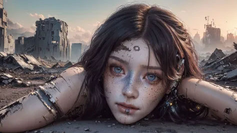 a woman with blue eyes laying on the ground in front of a destroyed city