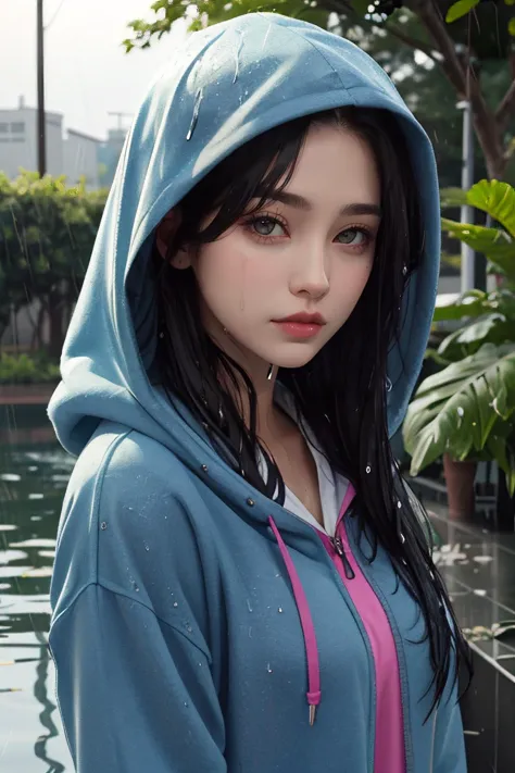 a close up of a woman in a blue hoodie standing near a pool