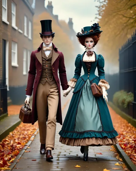 action shot of full body shot of Photo of a couple realistic likelife dolls dressed in Victorian era clothes walking down the st...