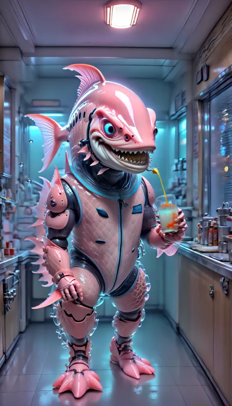 there is a pink shark statue in a kitchen with a drink