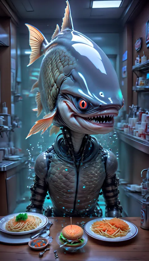 horror alien shark as (c1bo:1.6),(in a diner eating a chese burger:1.45),geometric patterns,(fish roe half face:1.6),mermaid (cyborg:1.35), (underwater:1.05), (coral reef:1.05), (liquid illumination:1.2), (synthetic transparent:1.1), transculent brain, full body, (diving:1.5), charming light, angry face, mechanical (leg:1.15), wearing a 80s punk rock fashion,detailed eyes, highly intricate, ,