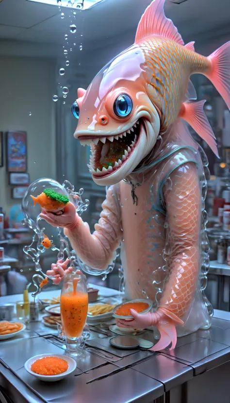 horror alien shark as (c1bo:1.6),(in a diner eating a chese burger:1.45),geometric patterns,(fish roe half face:1.6),mermaid (cyborg:1.35), (underwater:1.05), (coral reef:1.05), (liquid illumination:1.2), (synthetic transparent:1.1), transculent brain, full body, (diving:1.5), charming light, angry face, mechanical (leg:1.15), wearing a pink traranslucent raincoat,detailed eyes, highly intricate, ,