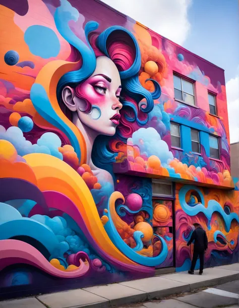 The mural on the graffiti-covered wall depicted a surreal dreamscape, blending vibrant hues and abstract shapes.