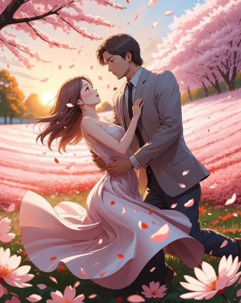 A very beautiful woman with a man in the rays of the setting sun on a flower field, falling sakura petals, ultra detailed, the c...