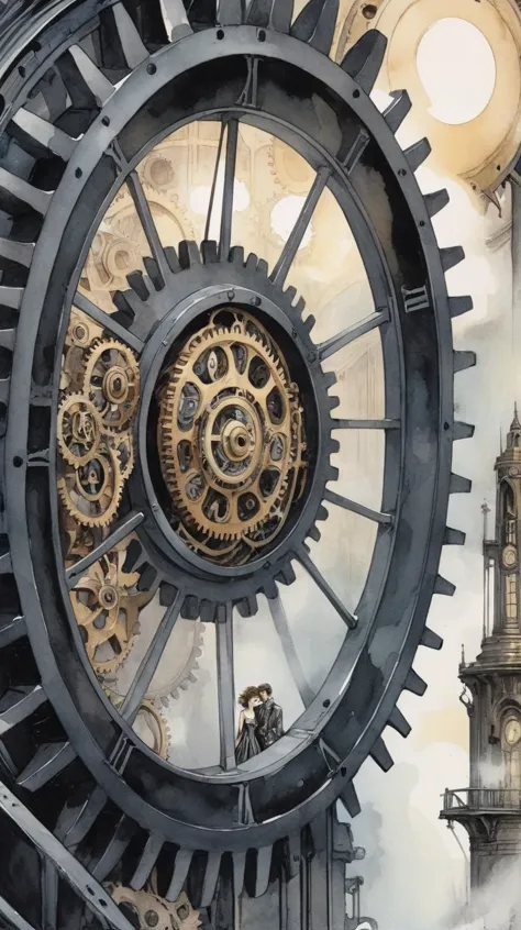 close-up, black ink and watercolor, dark angel lovers, swirling portal in the background, fog, large and small gears, mechanisms...