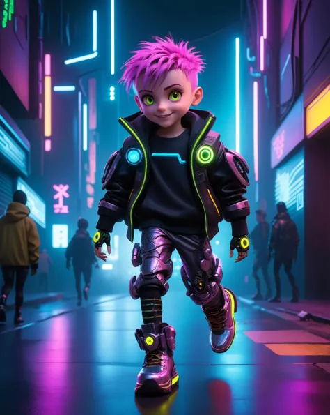 cyberpunk style, night shot of cyberpunk style, 3d character, pixar rendering, cyberpunk style, Cipollino is a character from th...
